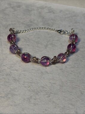 Purple Glass Bead Wire Weave Bracelet Silver